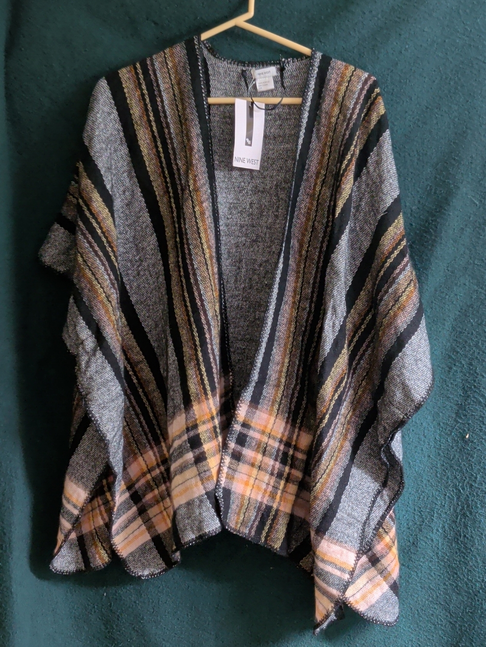 Nine West Gray, Black & Tan Striped Open-Front Poncho